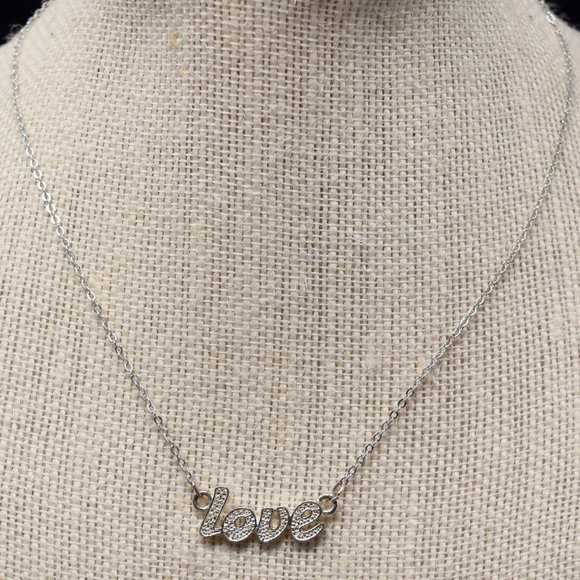 Love Statement Rhinestone Necklace Silvertone Sparke Shimmer Casual - Picture 3 of 10